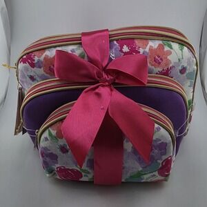 3 Piece Floral Makeup Bag Set Multicolor Purple Pink Fabric Zipper Cosmetic Bags